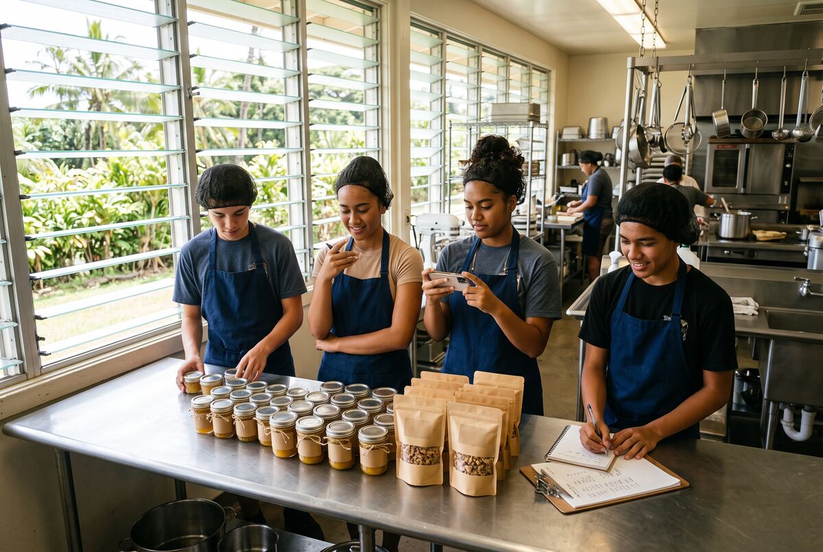 Students in aprons lay out their first product run of jars and kraft pouches in a teaching kitchen while one photographs it.