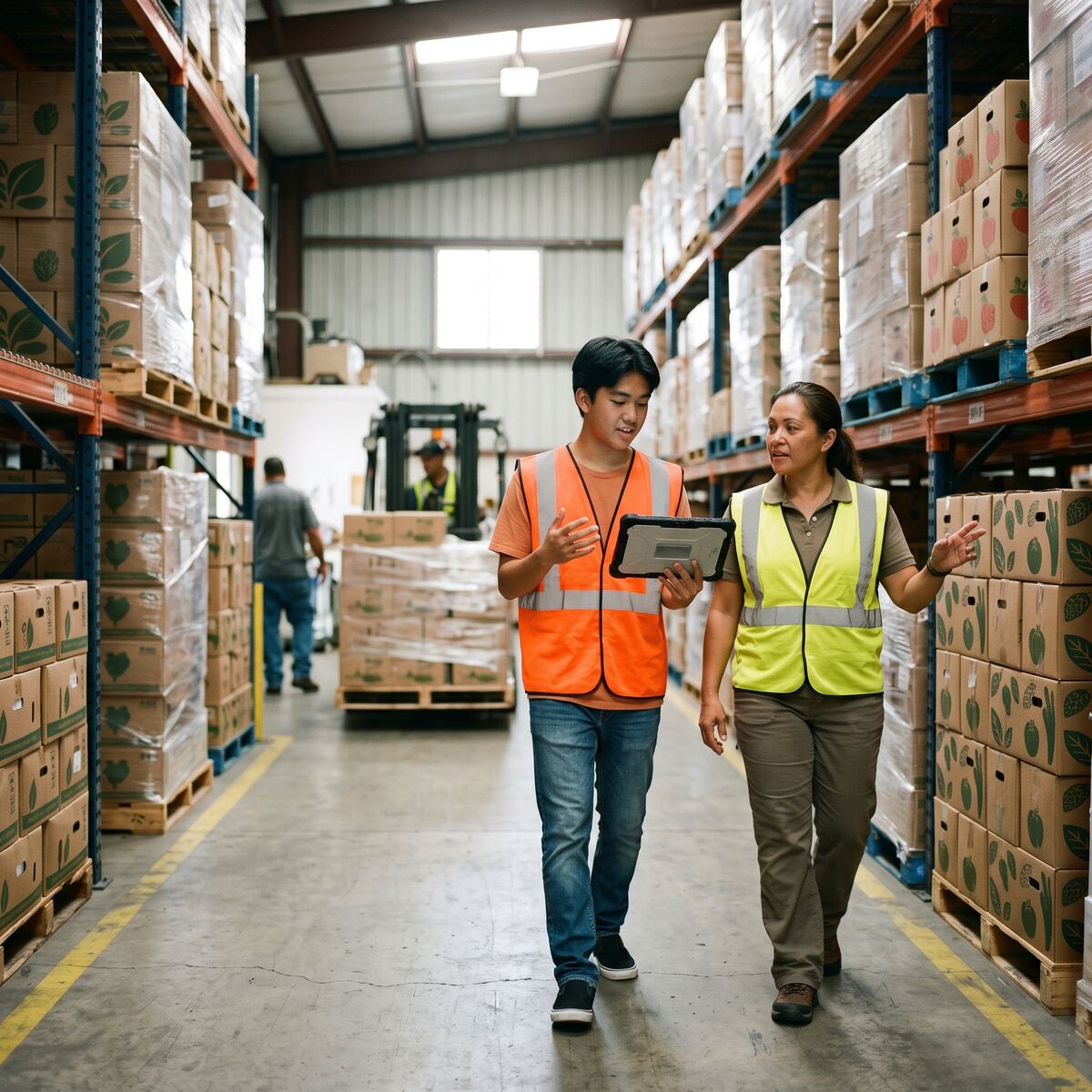 A student walks a warehouse aisle with a manager past pallets.
