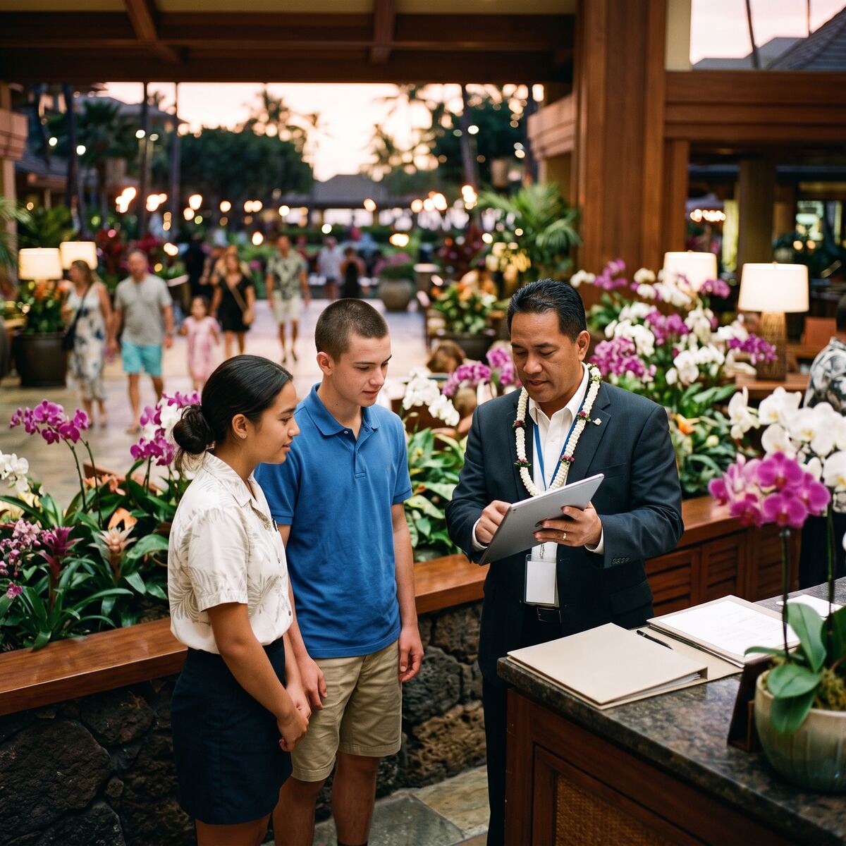 A hotel manager shows students guest operations.