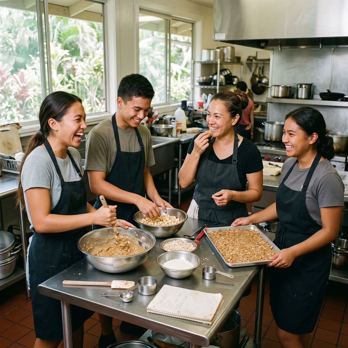 Students test a macadamia snack bar recipe with a chef.
