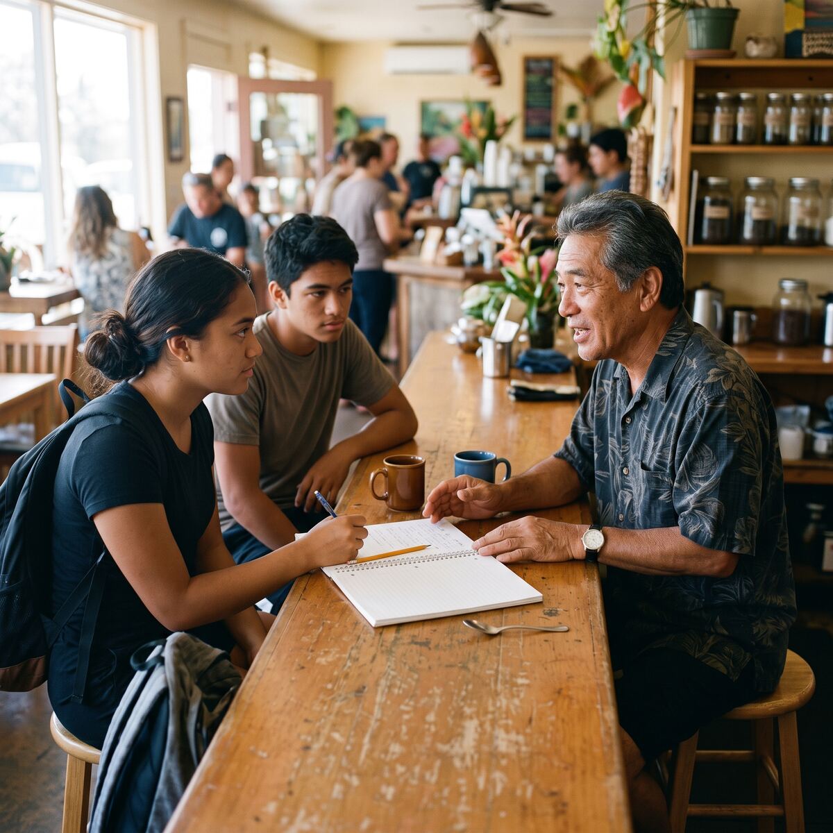 A local business owner mentors two students across a café counter.