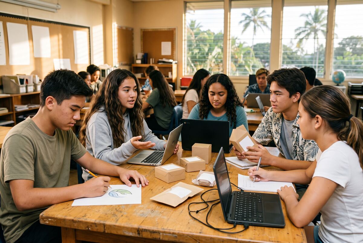 An after-school club reviews product prototypes and packaging samples.