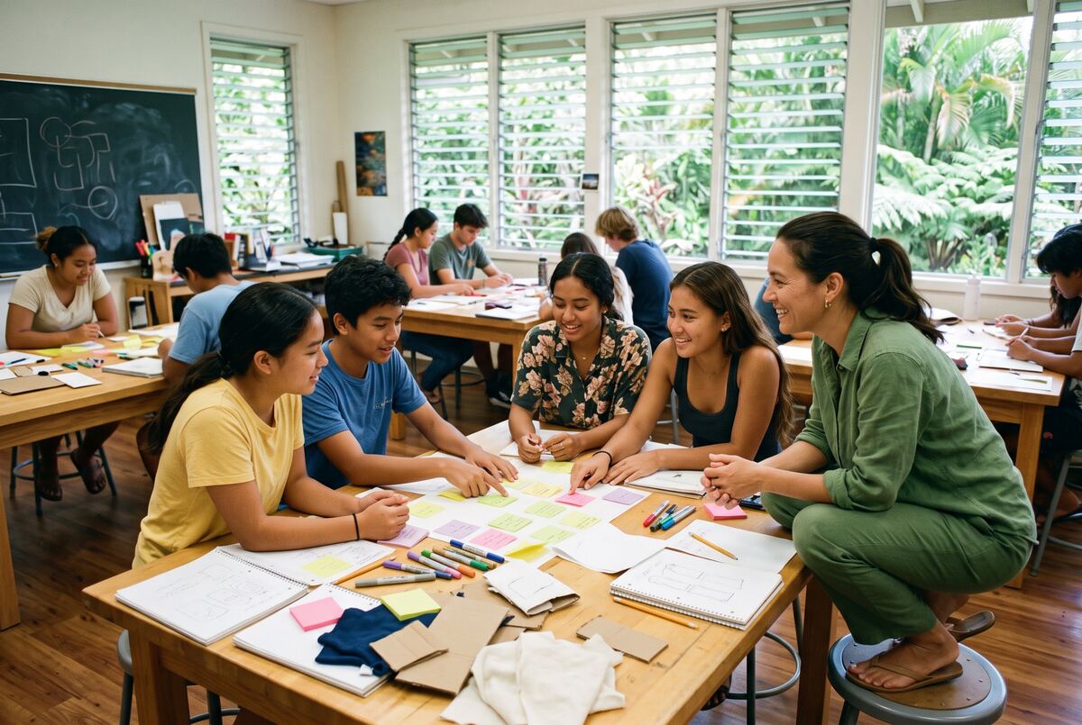 Student teams work around tables of sticky notes and sketches with a teacher.