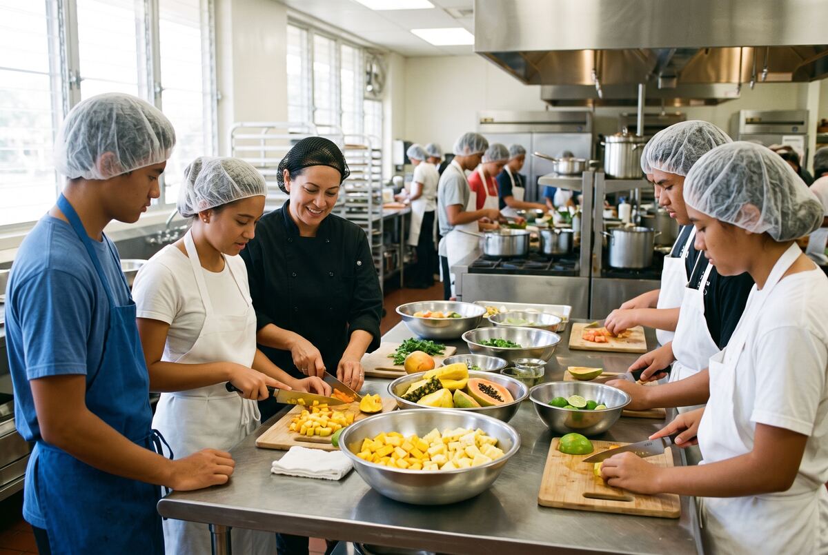 Students in aprons learn a technique from a chef instructor.