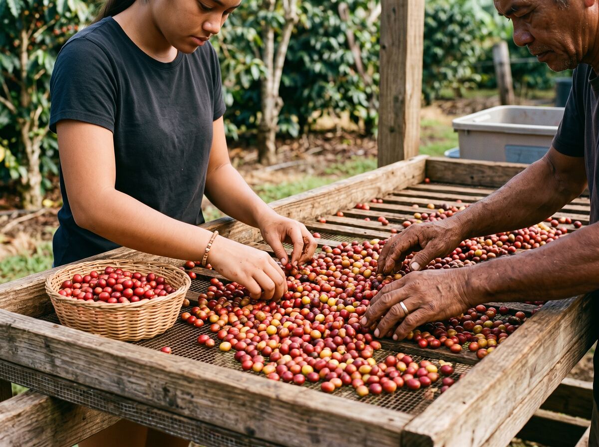 Hands sort red and yellow coffee cherries on a drying rack.