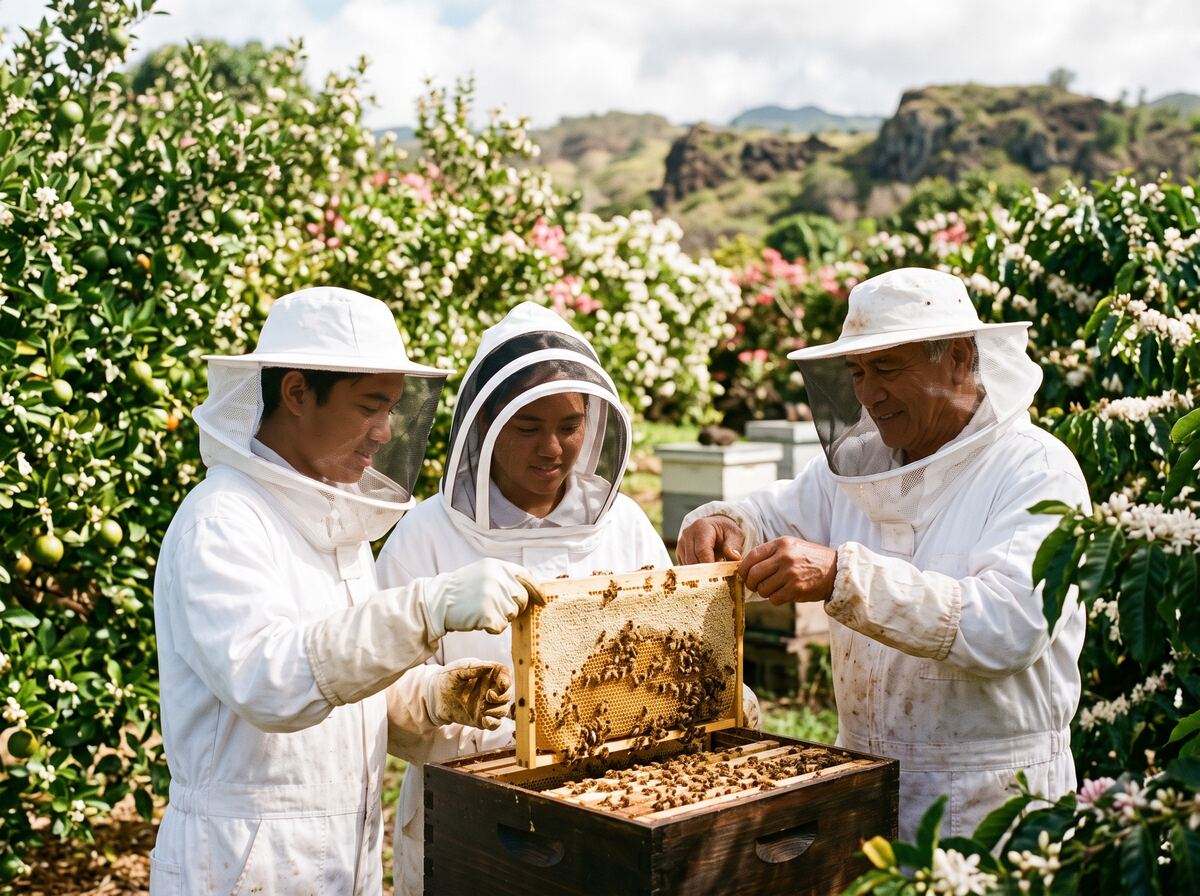 Two students in veils lift a honeycomb frame with a beekeeper.