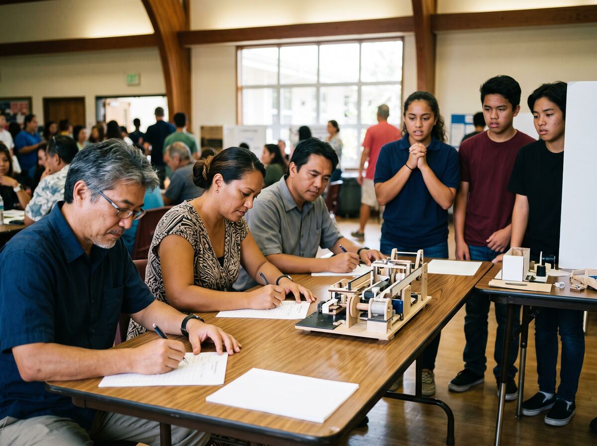 Three judges examine a student prototype and fill in scoring sheets.