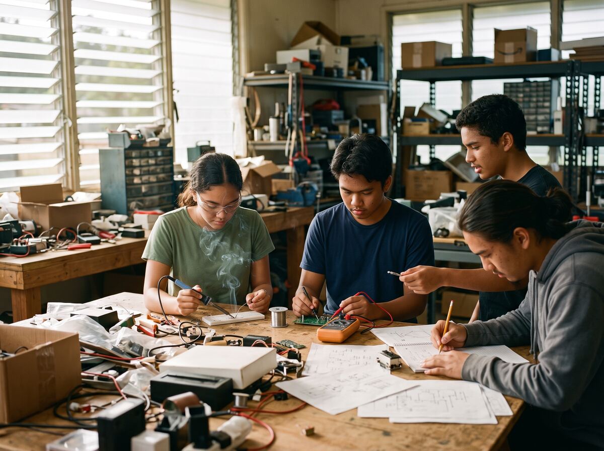 A student team solders, measures and sketches a prototype.