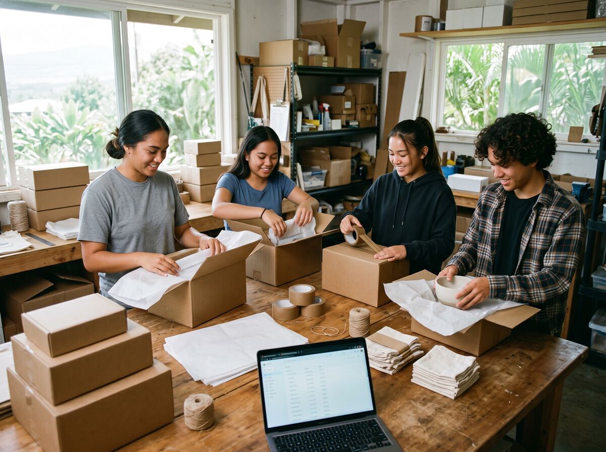 A student team packs online orders into kraft boxes.