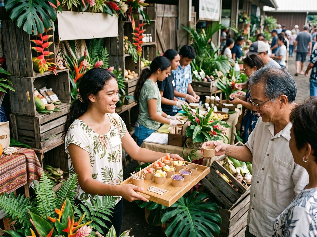 A student offers food samples to visitors at an expo booth.