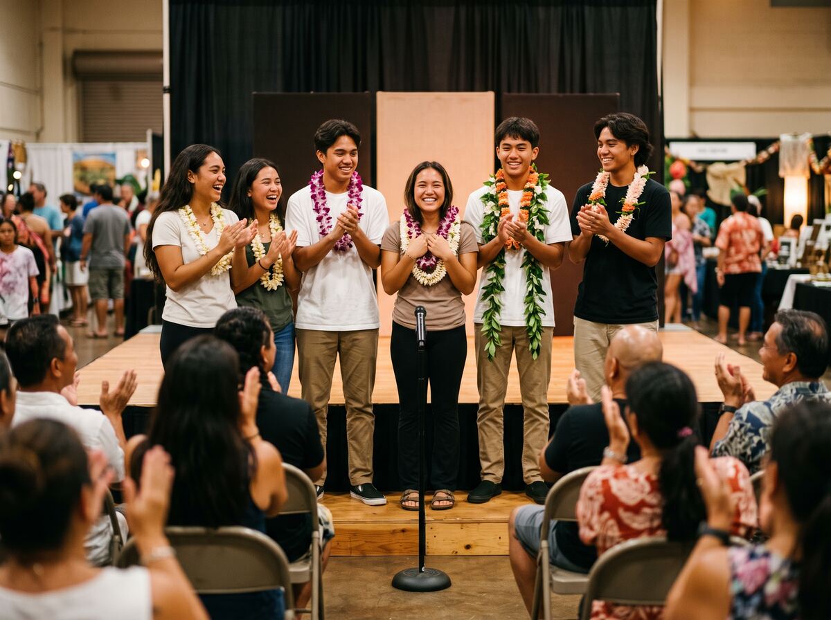 A student team wearing lei is recognized on stage.