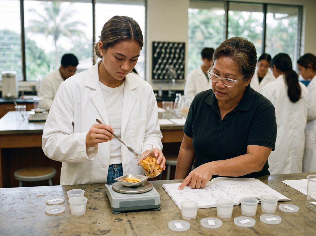 A student weighs dried mango on a digital scale in a food science lab.