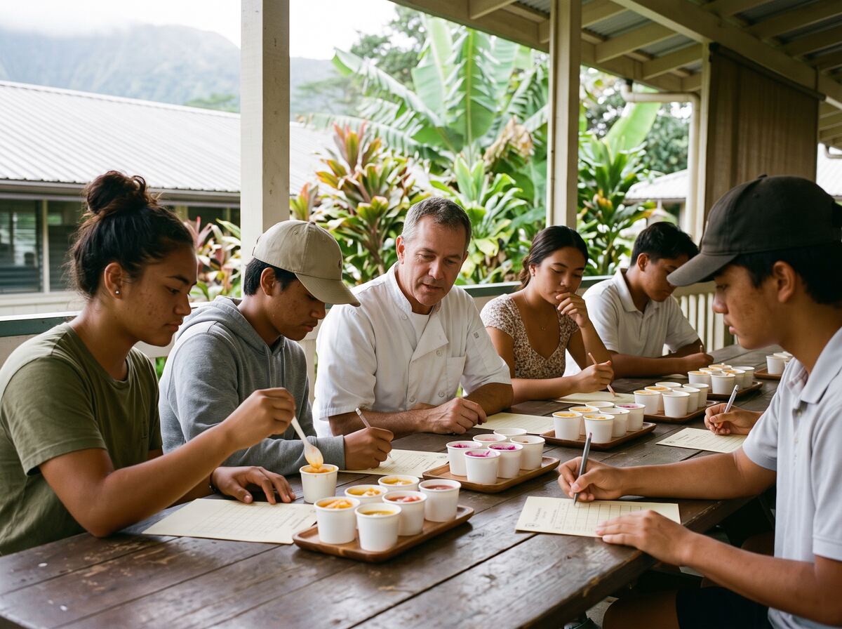 Students and a chef sample tropical fruit sauces and fill in scorecards.