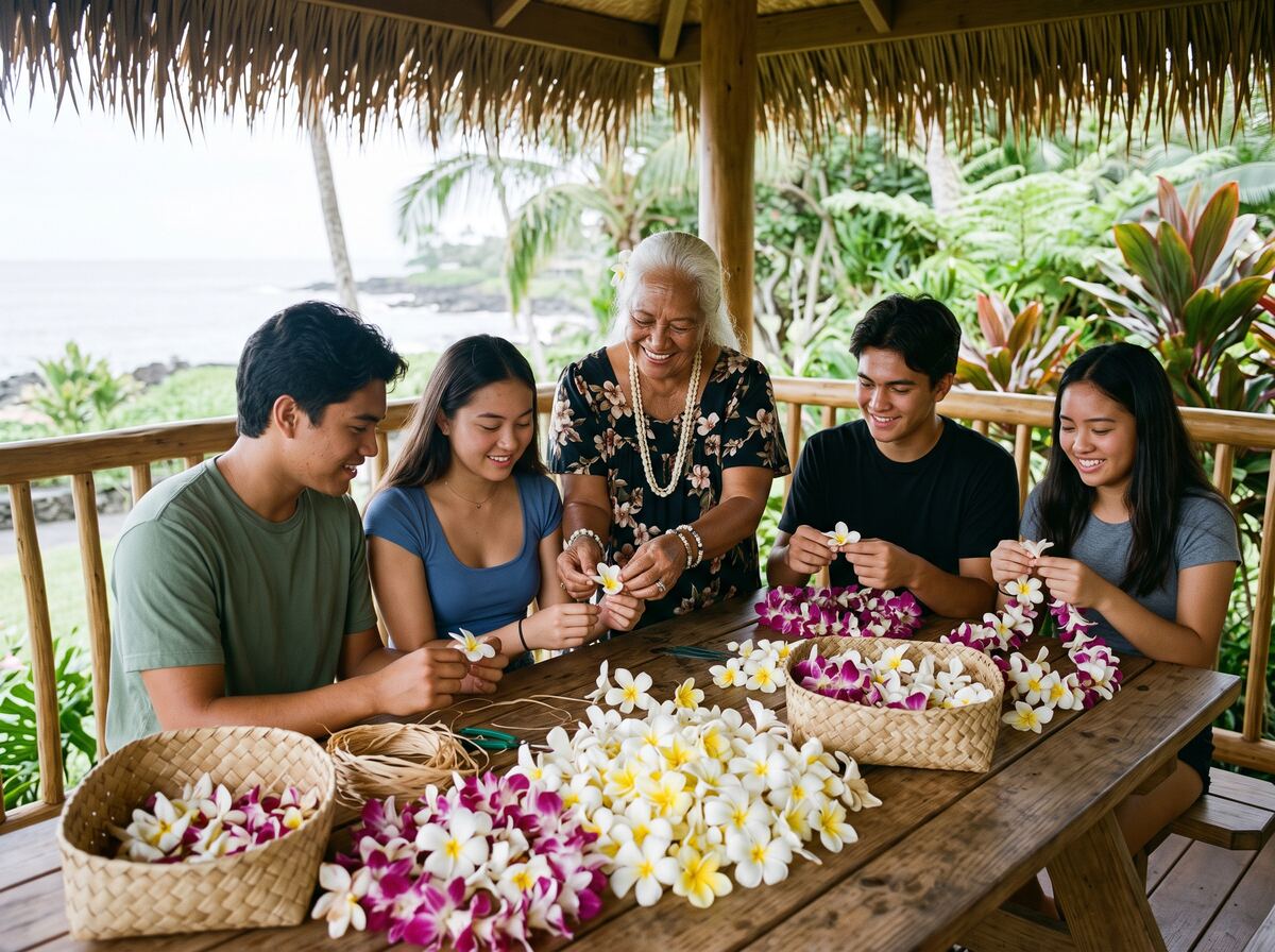 Students string plumeria and orchid lei with an elder on a resort lanai.