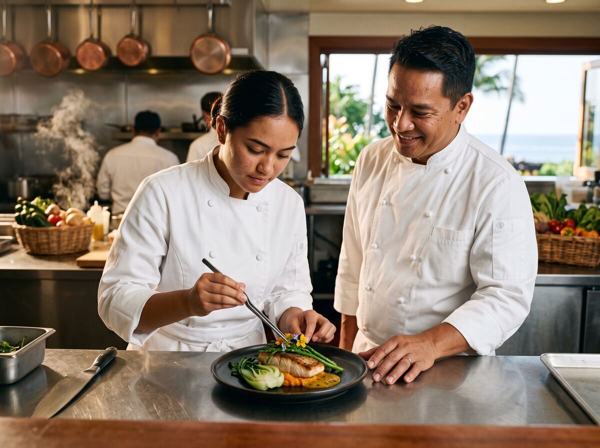 A student in chef whites plates a dish beside an executive chef.