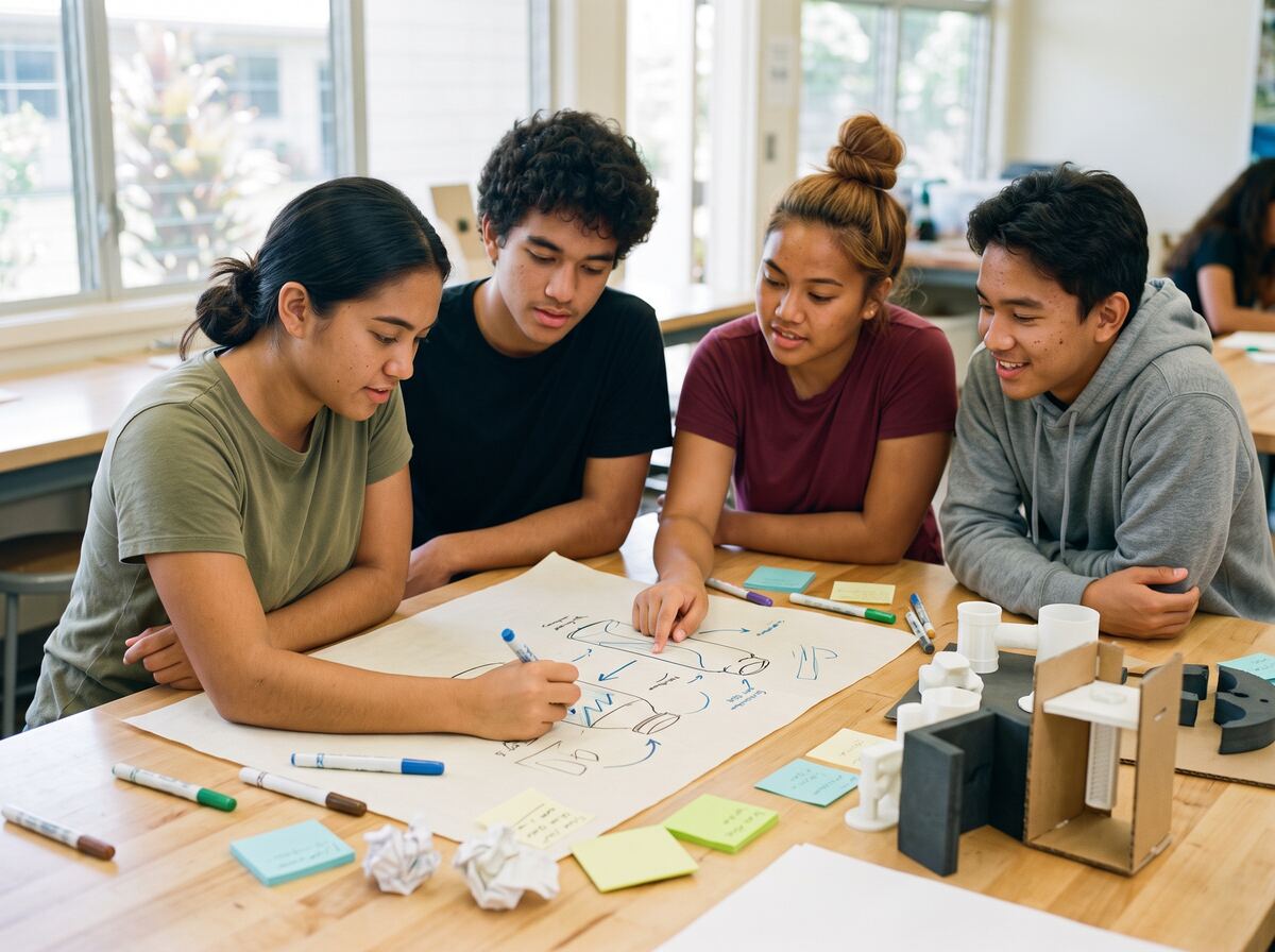 A student sketches a product concept while teammates lean in.