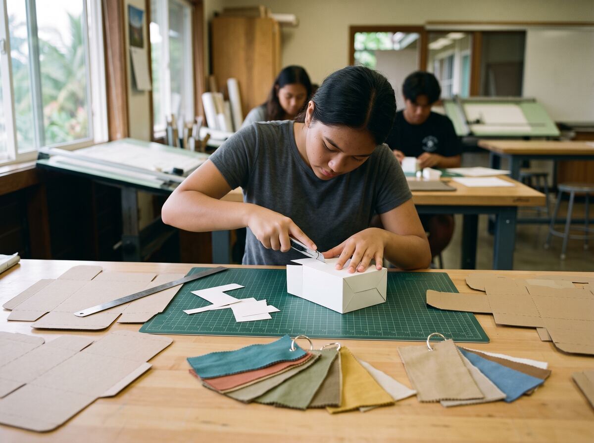 A student trims a blank packaging prototype on a cutting mat.