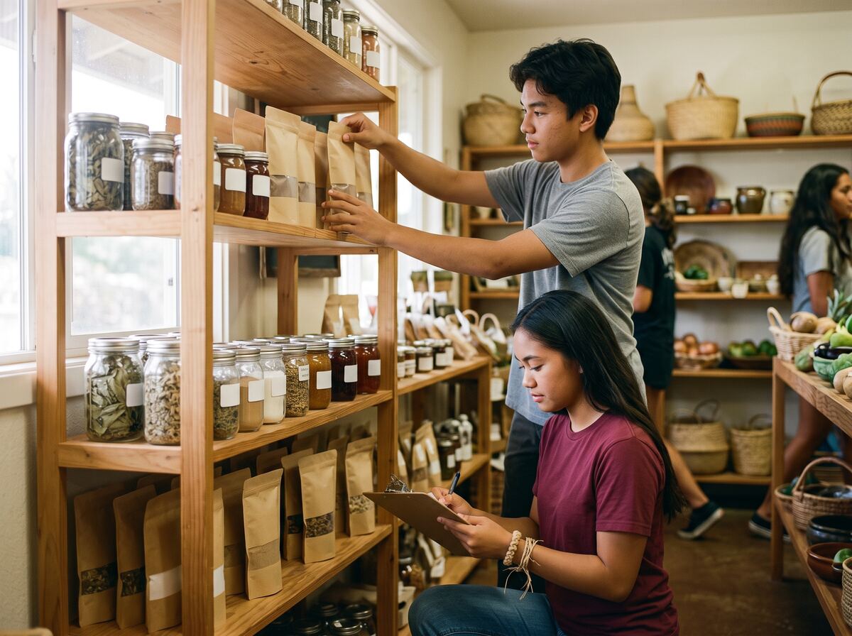 Two students restock and count inventory in the campus store.