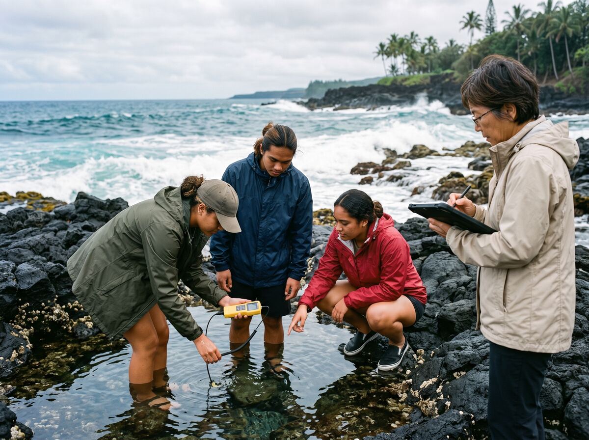 Students test water quality in a tide pool on the Hilo coast with a teacher.