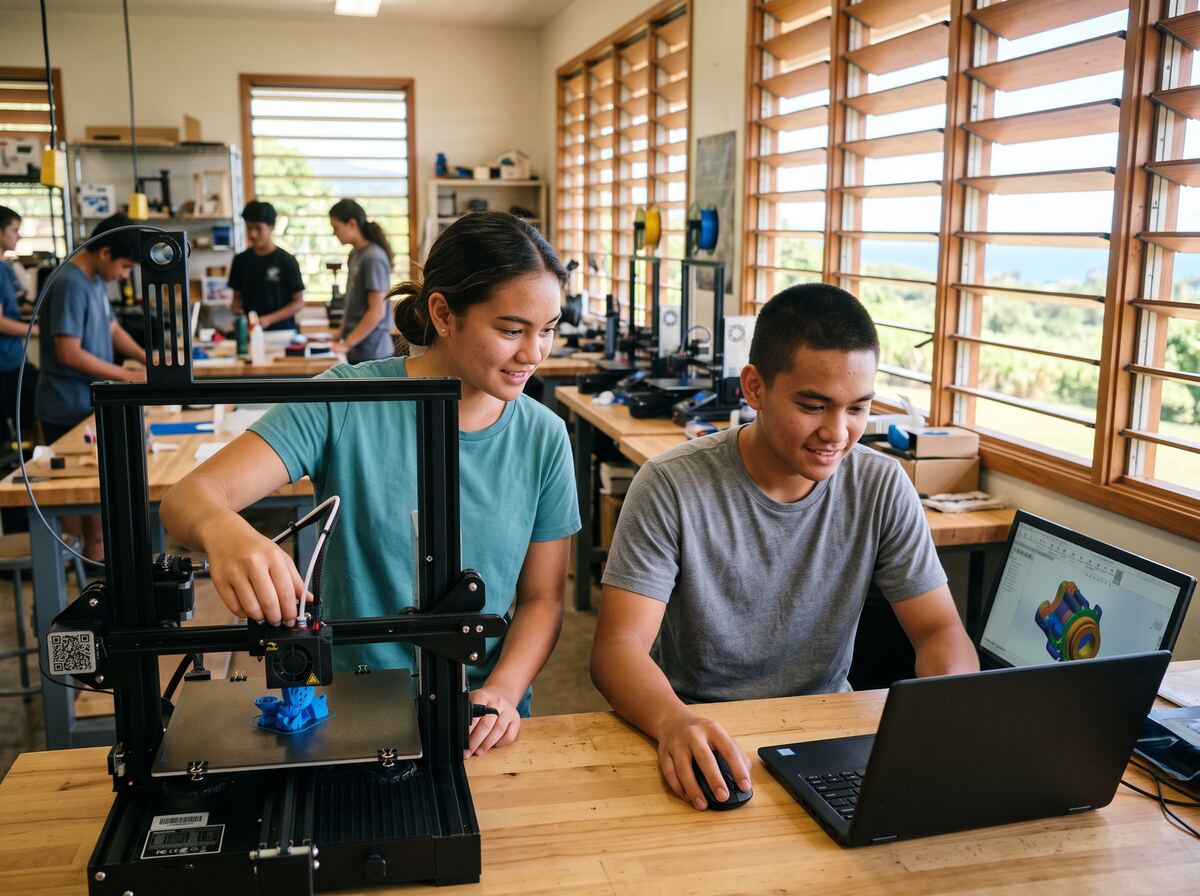 A student runs a 3D printer while a teammate rotates a CAD model.