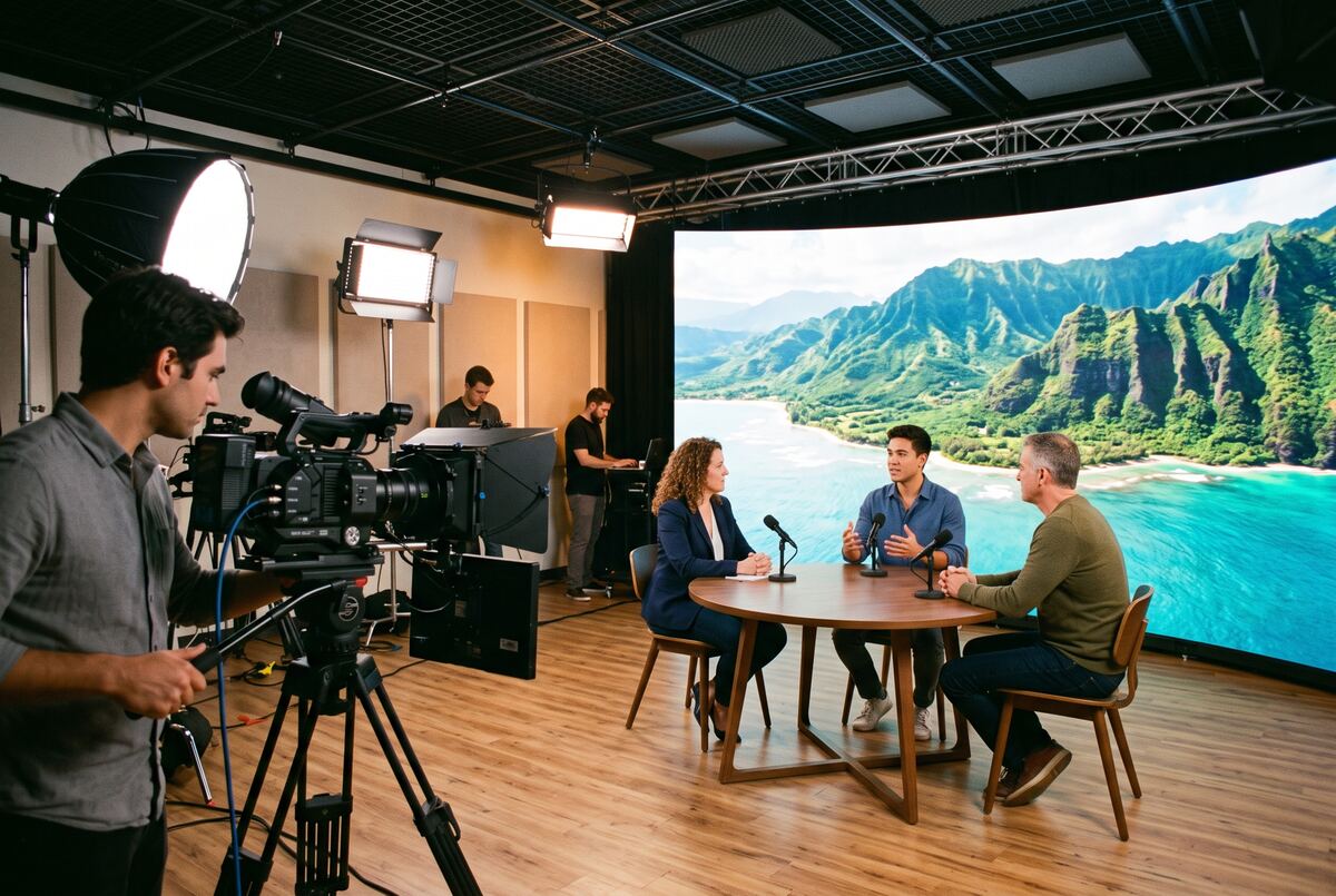 Cameras and lights frame two hosts interviewing a young entrepreneur on a television studio set.