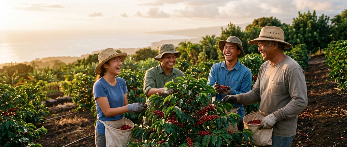 Students laugh with a farmer mentor while picking ripe coffee cherries on a Kona slope above the ocean at golden hour.