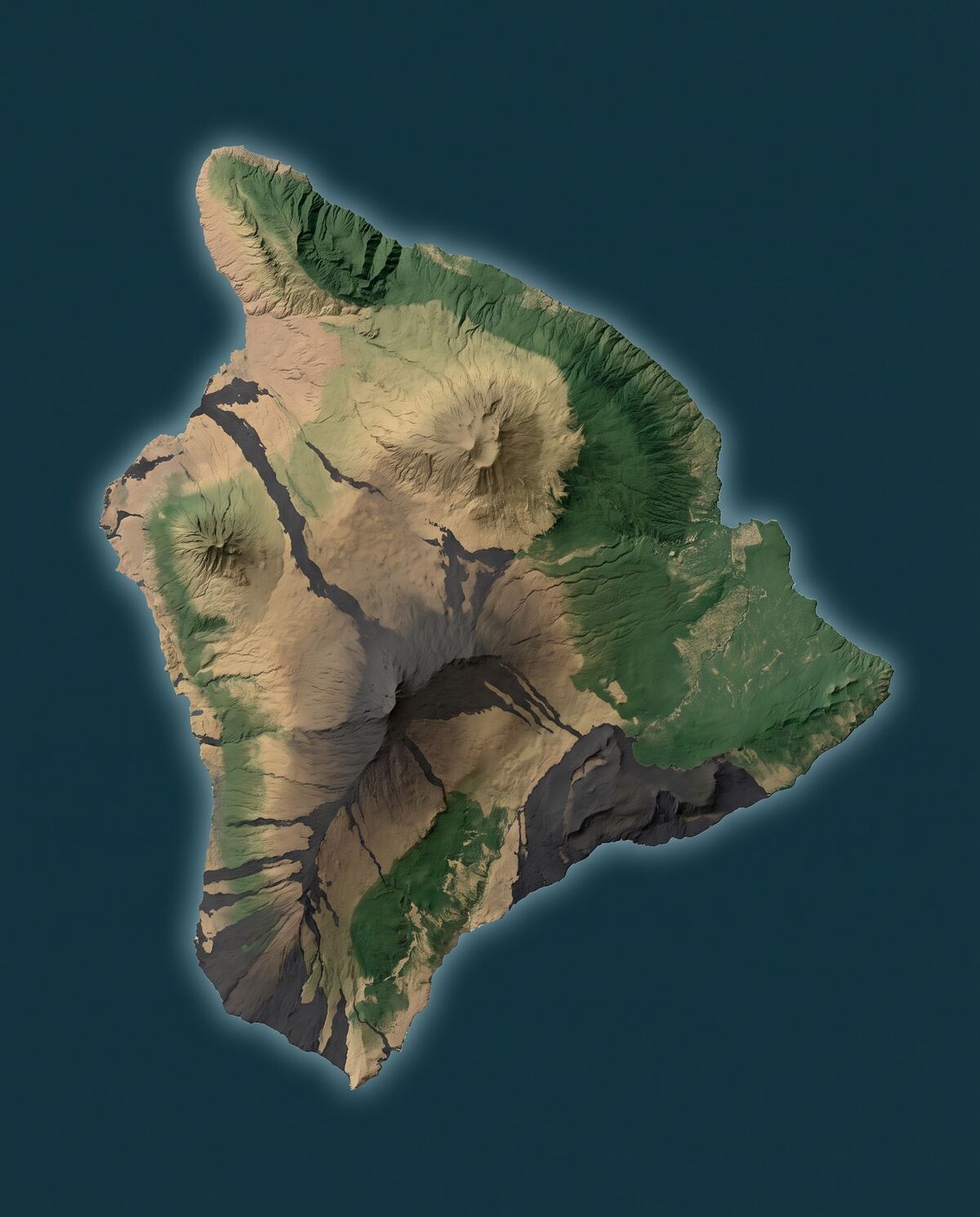 Shaded-relief map of Hawaiʻi Island marking Kohala, Kona, Hāmākua, Hilo and Keaʻau / Puna.