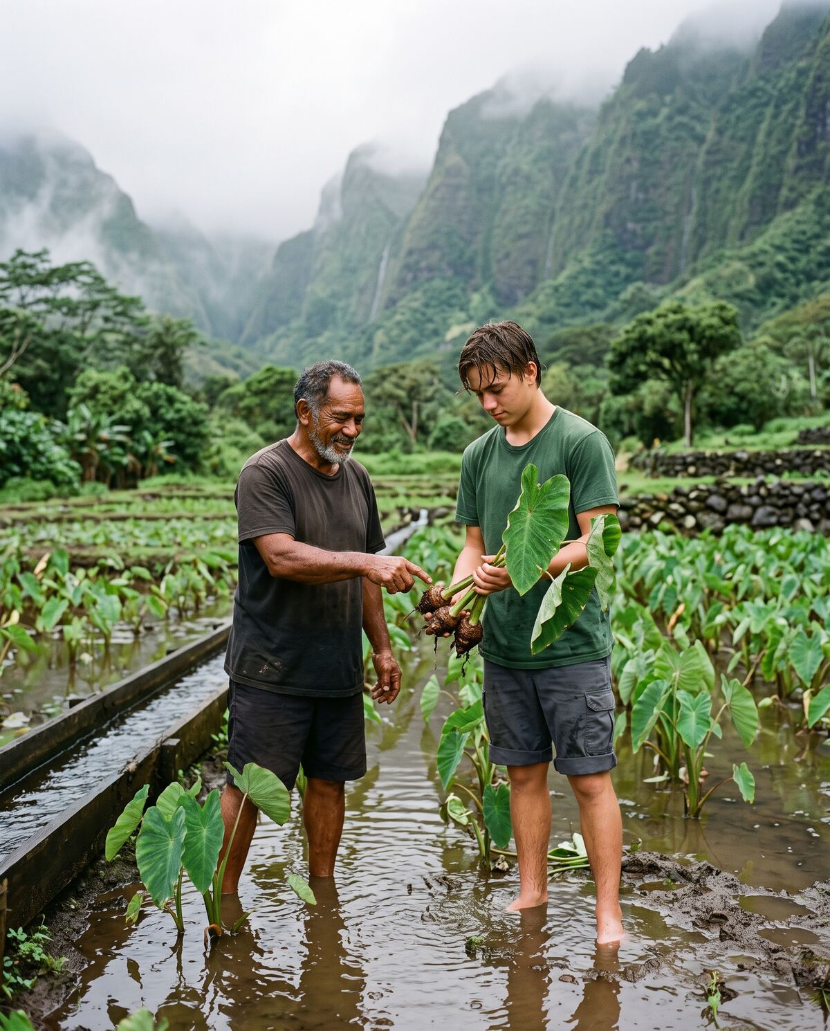 A student stands in a flooded kalo patch holding freshly pulled taro beside a farmer mentor.