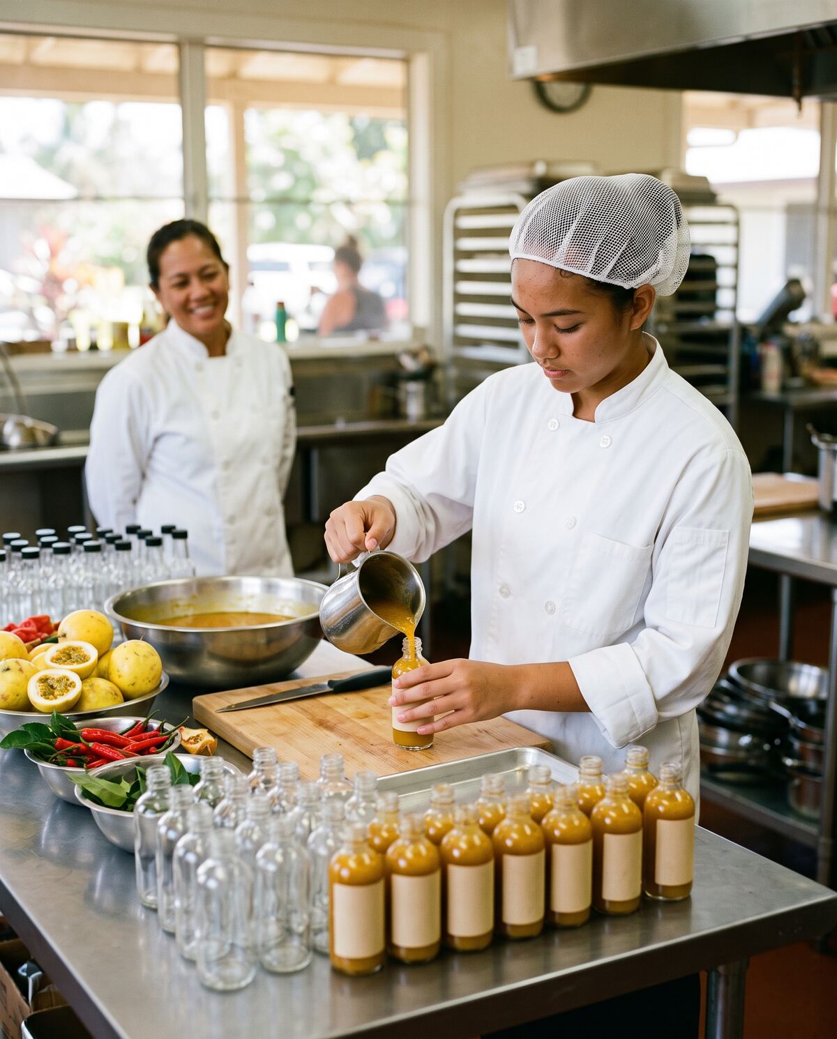 A student in a chef coat fills small bottles with passion-fruit sauce while a chef looks on.