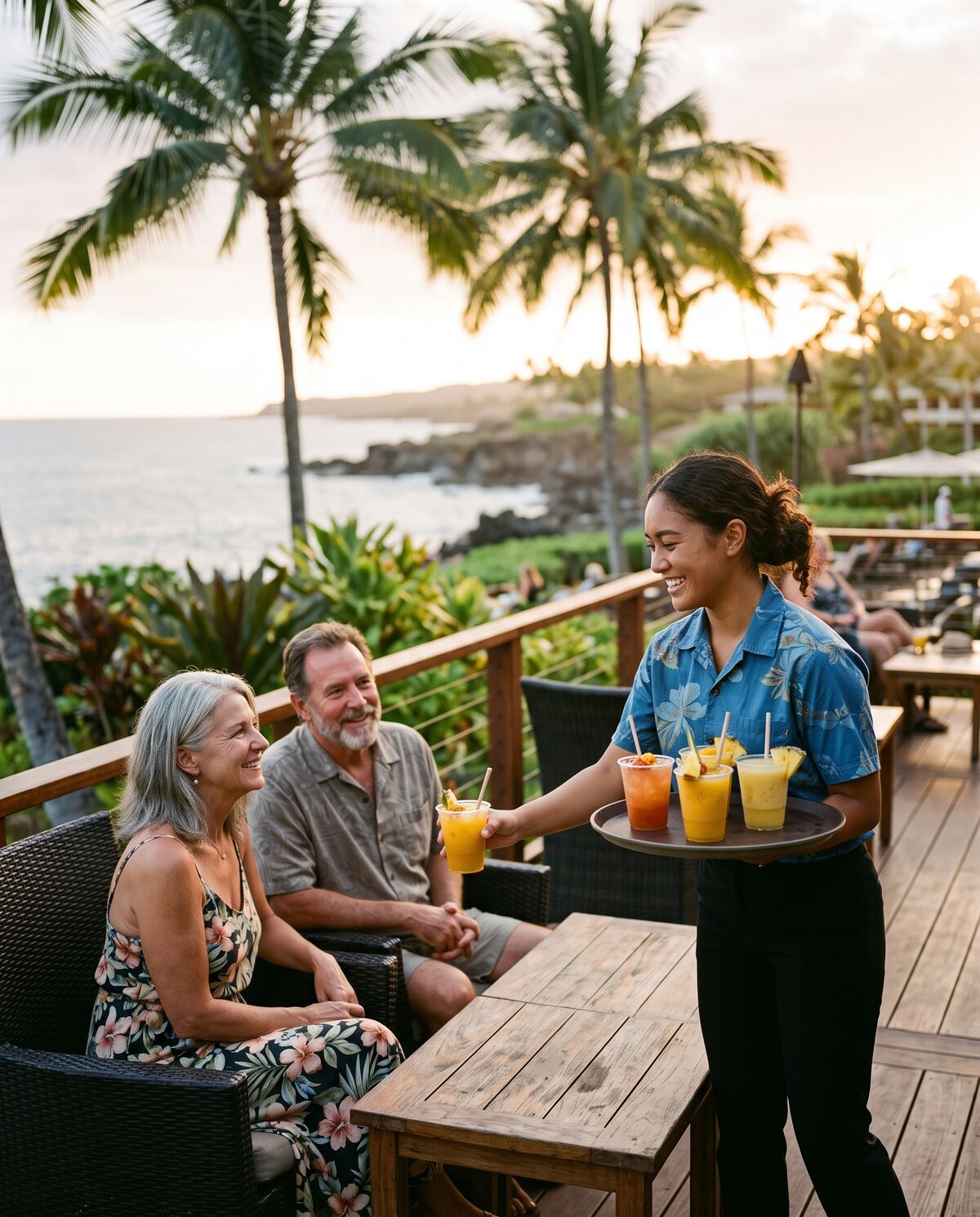 A hospitality student serves fresh fruit drinks to guests on an oceanfront lanai at golden hour.