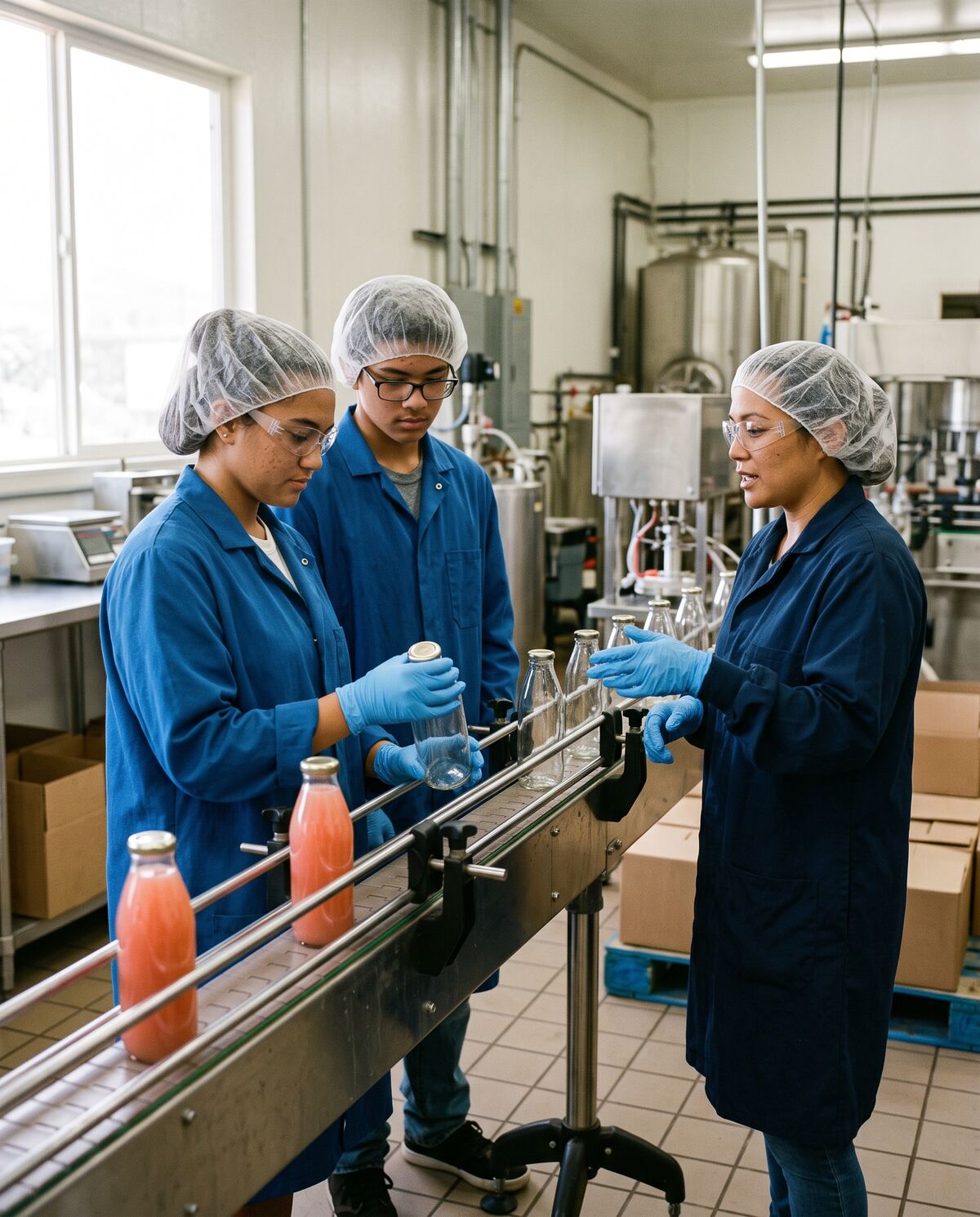Students inspect bottles on a pilot line.