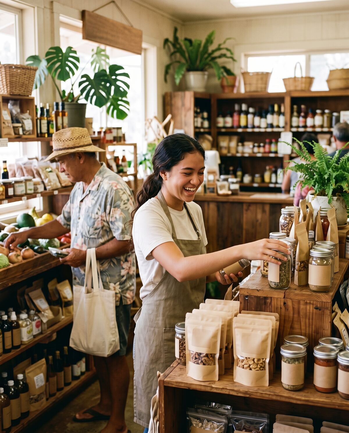 A student arranges kraft snack pouches and jars on a wooden display in an island general store.