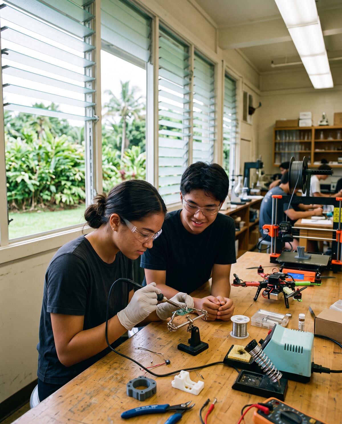Two students in safety glasses solder a sensor board in a school lab with louvered windows.