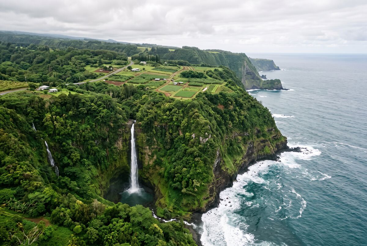 Green sea cliffs and a waterfall gulch along the Hāmākua Coast with farm plots above.