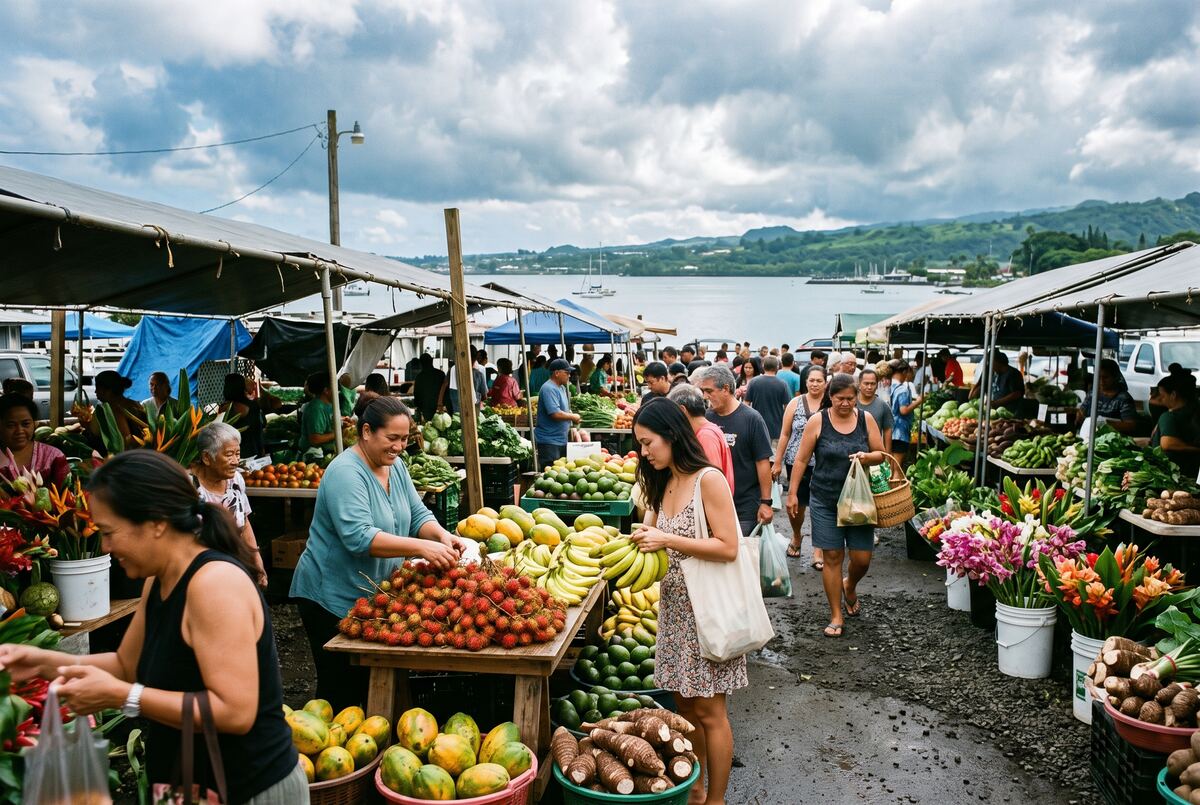 A busy Hilo farmers market piled with rambutan, papaya, bananas and orchids.