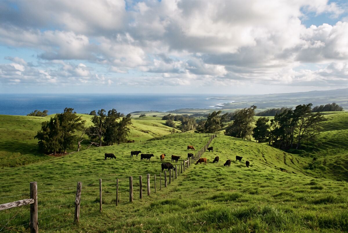 Rolling green ranch pastures and fence lines in North Kohala above the ocean.