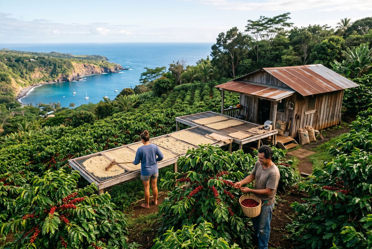 A Kona coffee farm with a drying deck on the slopes above Kealakekua Bay.