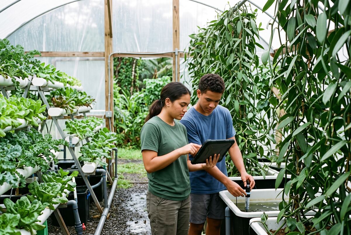 Students check water readings among hydroponic greens inside a Puna greenhouse.