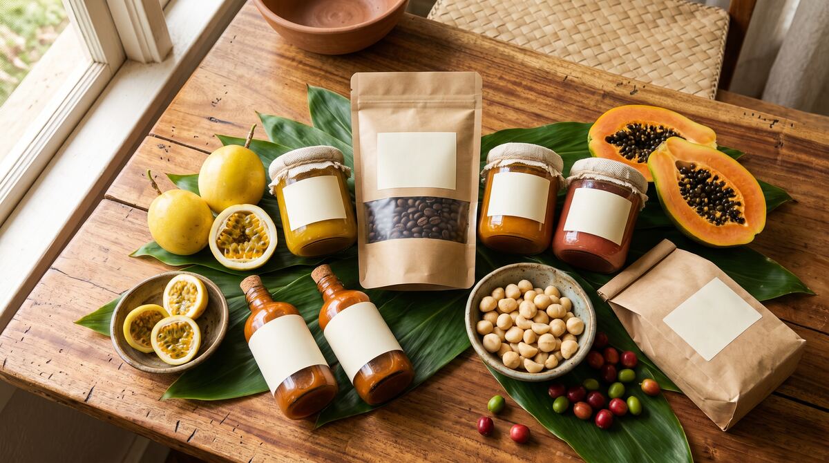 Small-batch products with blank labels — coffee, fruit butters and sauces — among lilikoʻi, papaya and macadamia nuts.