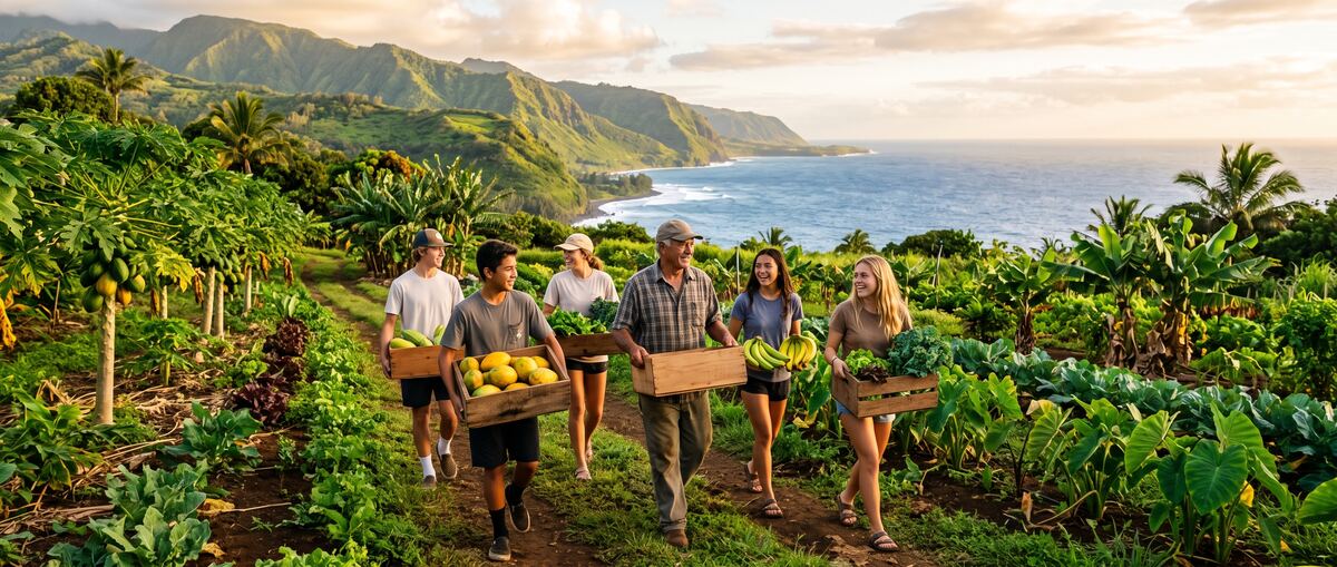 Students and a farmer carry crates of papaya, bananas and greens across a farm on the Hāmākua Coast.