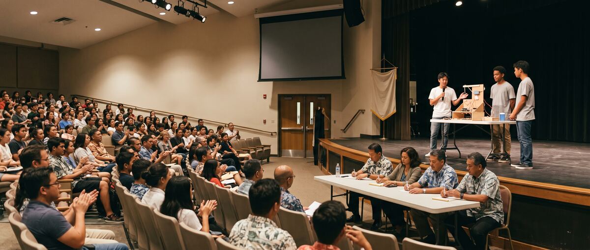 A student team presents a prototype on stage to a panel of judges in a school auditorium.