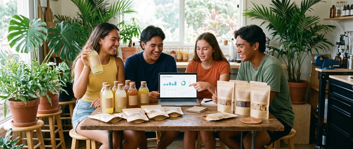 Student founders celebrate their product line around a table.