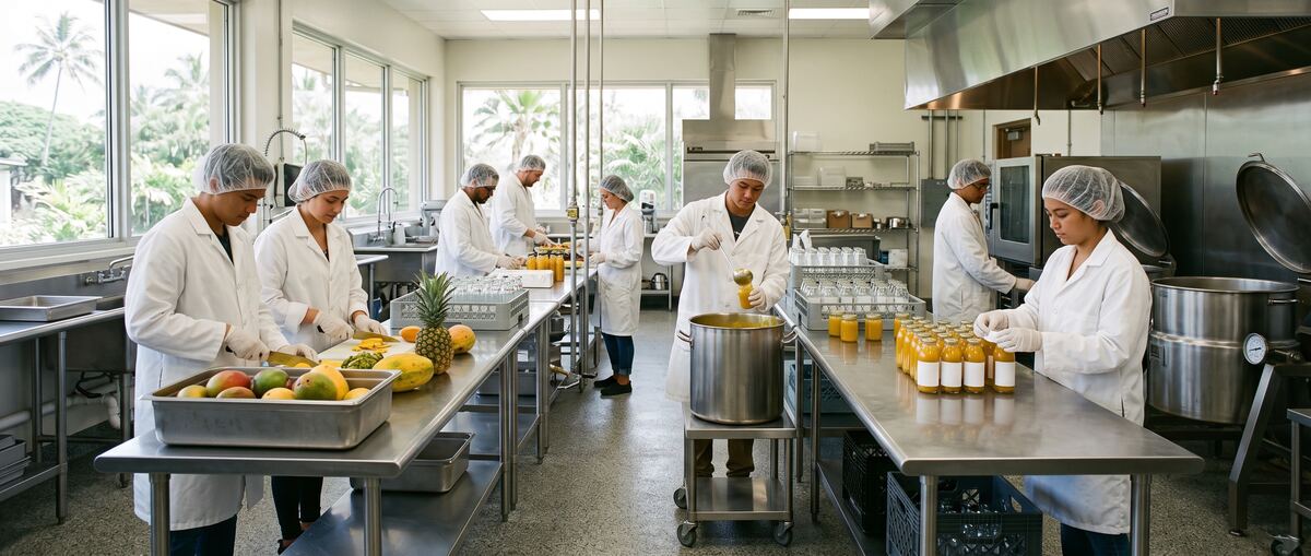 Students in white coats and hairnets develop tropical fruit products along a stainless pilot line.