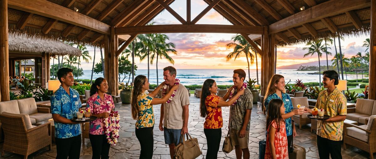 Students in aloha shirts greet resort guests with flower lei at sunset in an open-air lobby.