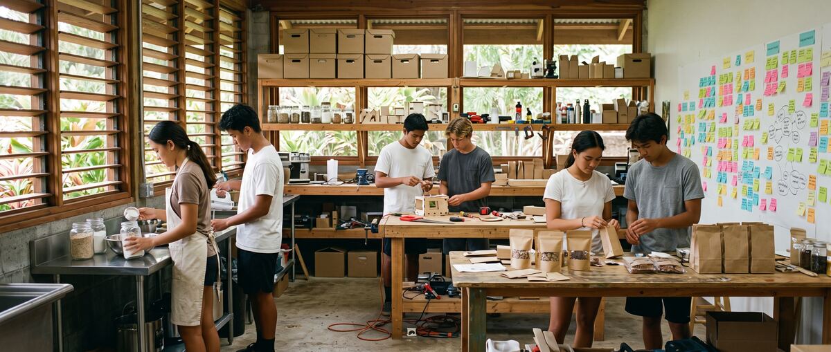 Students work in pairs inside an open entrepreneur lab.
