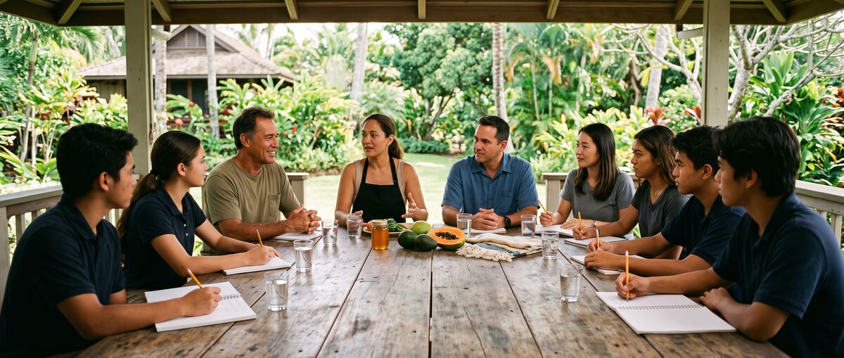 A farmer, a chef, a hotel manager and a manufacturer meet with students around a long wooden table.