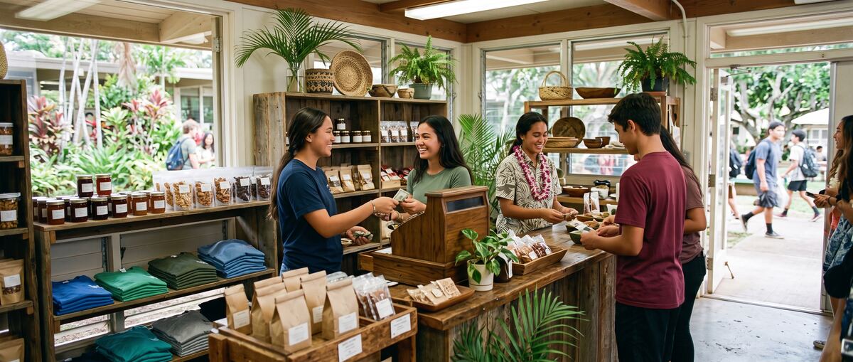 A bright student-run school store with wooden shelves of local snacks, coffee and jams.