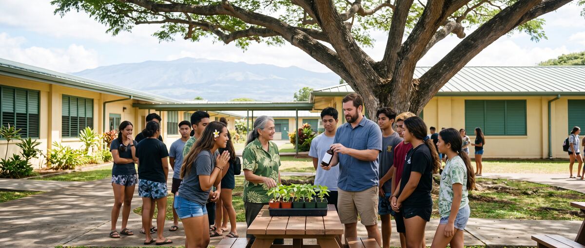 Students gather with a teacher and an industry guest around seedlings and product samples in a campus courtyard.
