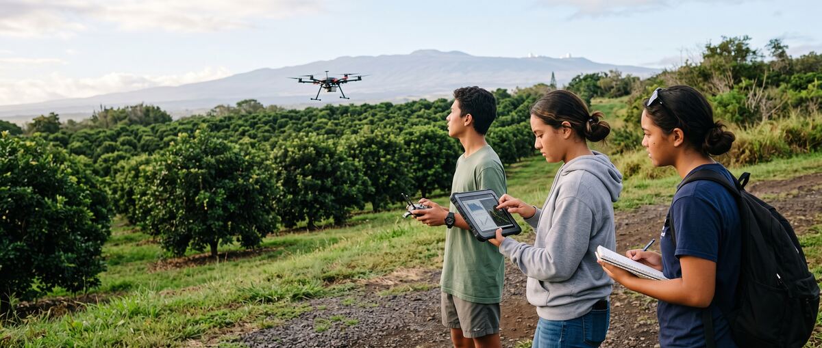 Students fly a small agricultural drone over a macadamia orchard while one reads data on a tablet.